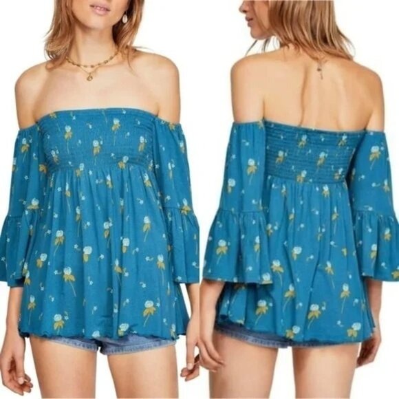 Free People Tops - Free People Lana Smocked Off-the-Shoulder Floral Tunic in Mermaid Combo